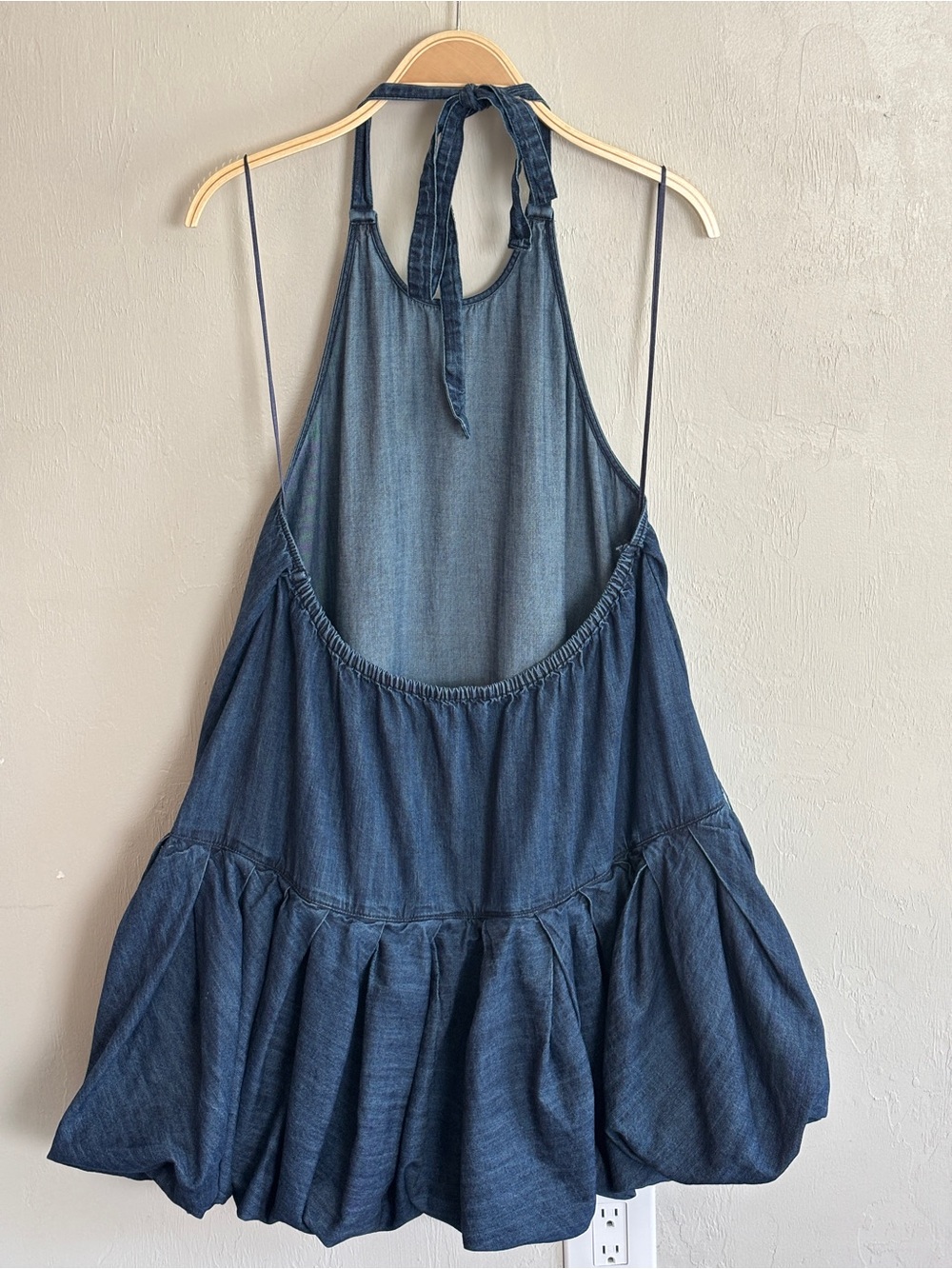 Free People Large Dark Denim Backless Halter Bubble Tent Dress Pockets Cotton - Picture 10 of 16